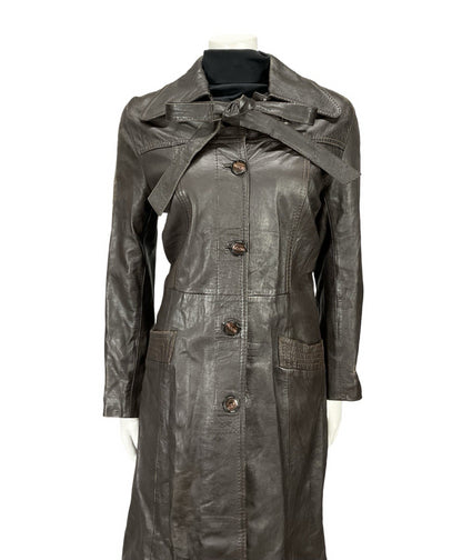 VTG 60S 70S MOD DOG EAR COLLAR BROWN LEATHER TRENCH MAC TIE WAIST BOW JACKET 12