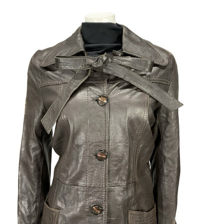 VTG 60S 70S MOD DOG EAR COLLAR BROWN LEATHER TRENCH MAC TIE WAIST BOW JACKET 12