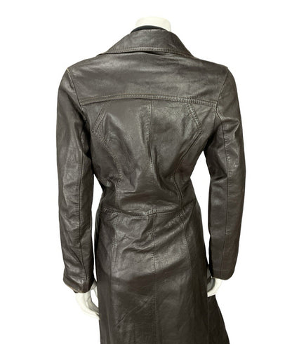 VTG 60S 70S MOD DOG EAR COLLAR BROWN LEATHER TRENCH MAC TIE WAIST BOW JACKET 12