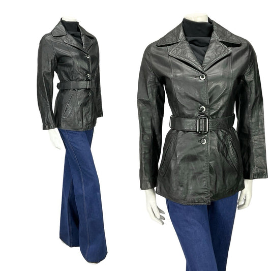 VTG 60S 70S JET BLACK NOTCH LAPEL COLLAR BELTED WELT POCKET LEATHER JACKET 8
