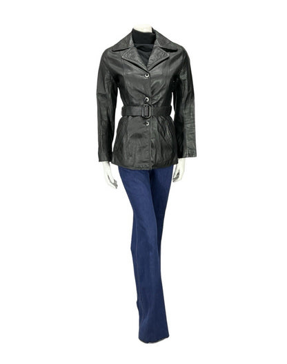VTG 60S 70S JET BLACK NOTCH LAPEL COLLAR BELTED WELT POCKET LEATHER JACKET 8