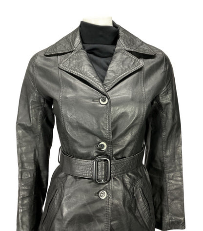 VTG 60S 70S JET BLACK NOTCH LAPEL COLLAR BELTED WELT POCKET LEATHER JACKET 8
