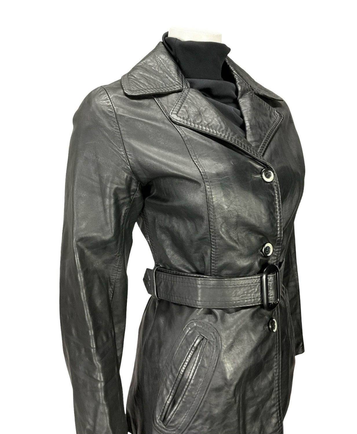 VTG 60S 70S JET BLACK NOTCH LAPEL COLLAR BELTED WELT POCKET LEATHER JACKET 8