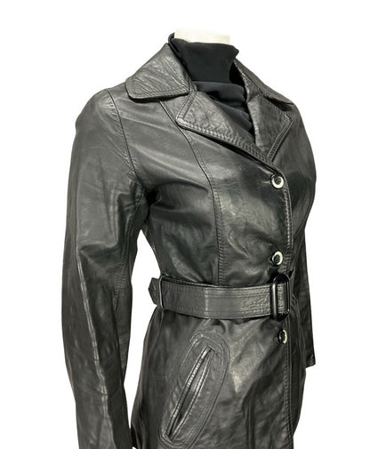 VTG 60S 70S JET BLACK NOTCH LAPEL COLLAR BELTED WELT POCKET LEATHER JACKET 8