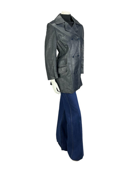VTG 60S 70S NAVY BLUE LEATHER MOD DOUBLE BREAST CROPPED SLEEVE JACKET 14