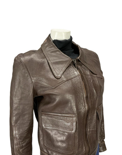 VTG 60S 70S DAGGER COLLAR BROWN LEATHER SIX JUIN GRAFFITI CROPPED JACKET 12