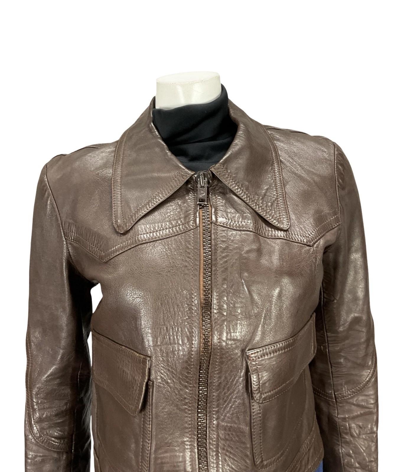 VTG 60S 70S DAGGER COLLAR BROWN LEATHER SIX JUIN GRAFFITI CROPPED JACKET 12