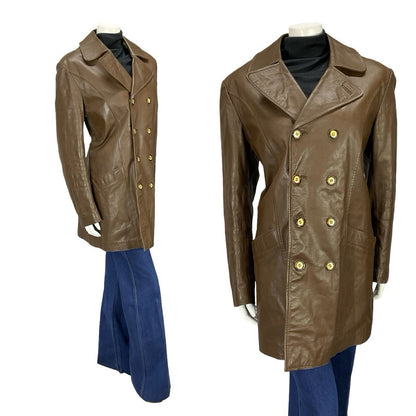 VTG 60S 70S MOD DOUBLE BREAST BROWN LEATHER TRENCH MAC FAUX FUR LINED JACKET 16