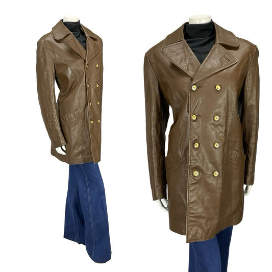 VTG 60S 70S MOD DOUBLE BREAST BROWN LEATHER TRENCH MAC FAUX FUR LINED JACKET 16