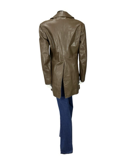 VTG 60S 70S MOD DOUBLE BREAST BROWN LEATHER TRENCH MAC FAUX FUR LINED JACKET 16