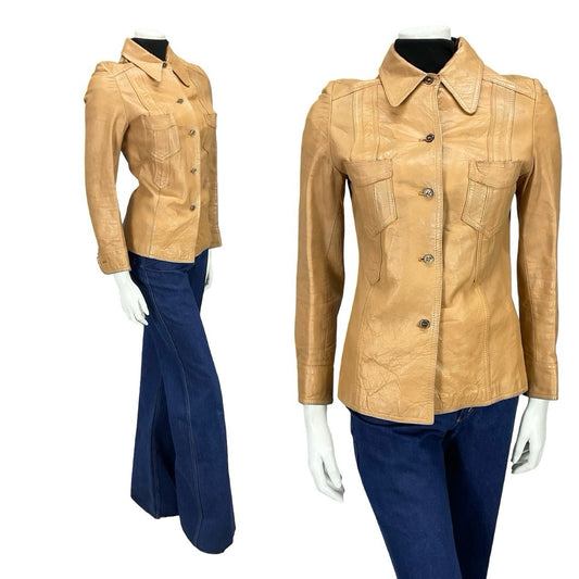 VTG 60S 70S BEIGE TAN LEATHER DAGGER COLLAR MOD WESTERN LEATHER JACKET XS 6