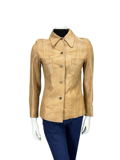 VTG 60S 70S BEIGE TAN LEATHER DAGGER COLLAR MOD WESTERN LEATHER JACKET XS 6