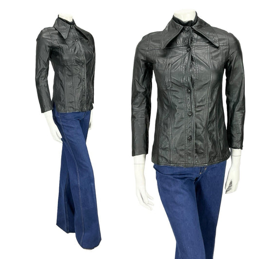 VTG 60S 70S MOD PUNK DAGGER COLLAR JET BLACK LEATHER JACKET XS 4