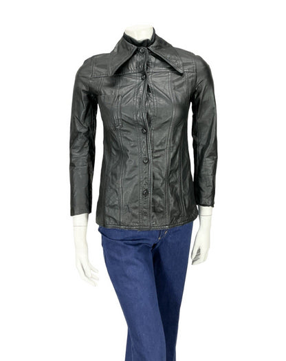 VTG 60S 70S MOD PUNK DAGGER COLLAR JET BLACK LEATHER JACKET XS 4