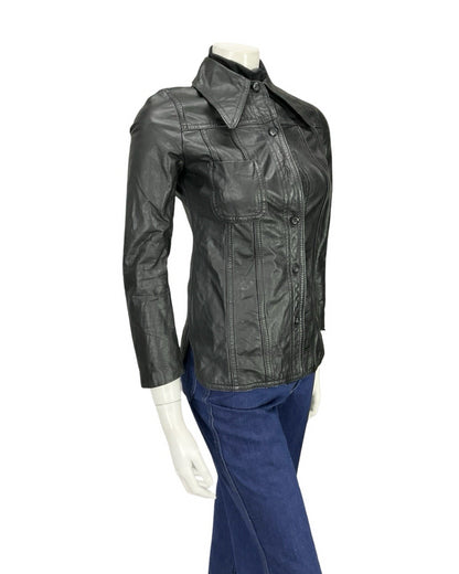 VTG 60S 70S MOD PUNK DAGGER COLLAR JET BLACK LEATHER JACKET XS 4