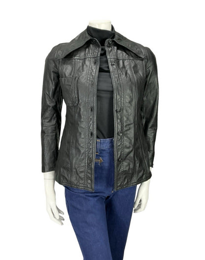 VTG 60S 70S MOD PUNK DAGGER COLLAR JET BLACK LEATHER JACKET XS 4