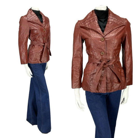 VTG 60S 70S BURGUNDY RED LEATHER GOTHIC DIAMOND COLLAR MOD TIE WAIST JACKET 8