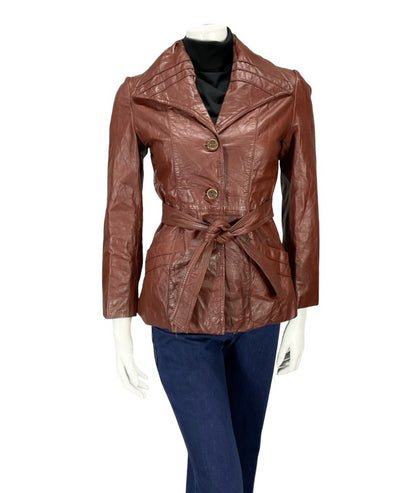 VTG 60S 70S BURGUNDY RED LEATHER GOTHIC DIAMOND COLLAR MOD TIE WAIST JACKET 8