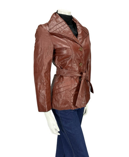 VTG 60S 70S BURGUNDY RED LEATHER GOTHIC DIAMOND COLLAR MOD TIE WAIST JACKET 8
