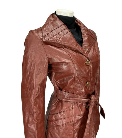 VTG 60S 70S BURGUNDY RED LEATHER GOTHIC DIAMOND COLLAR MOD TIE WAIST JACKET 8