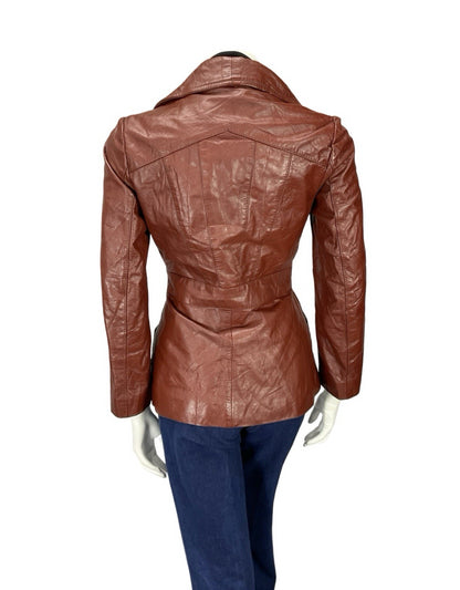 VTG 60S 70S BURGUNDY RED LEATHER GOTHIC DIAMOND COLLAR MOD TIE WAIST JACKET 8