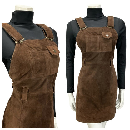 VTG 60S 70S DARK BROWN SUEDE HIPPY BOHO PINAFORE MINI DRESS WITH POCKET 10