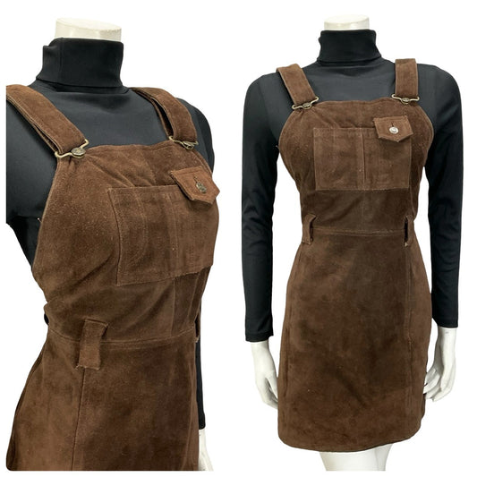 VTG 60S 70S DARK BROWN SUEDE HIPPY BOHO PINAFORE MINI DRESS WITH POCKET 10
