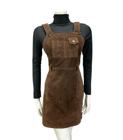 VTG 60S 70S DARK BROWN SUEDE HIPPY BOHO PINAFORE MINI DRESS WITH POCKET 10