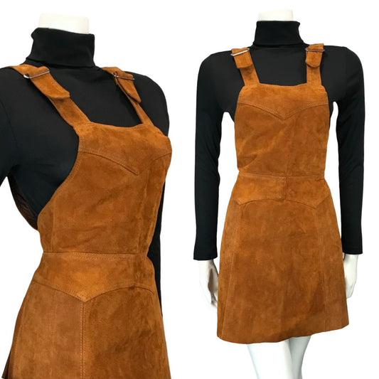VTG 60S 70S WARM BROWN SUEDE HIPPY A LINE PINAFORE BOHO DRESS 8