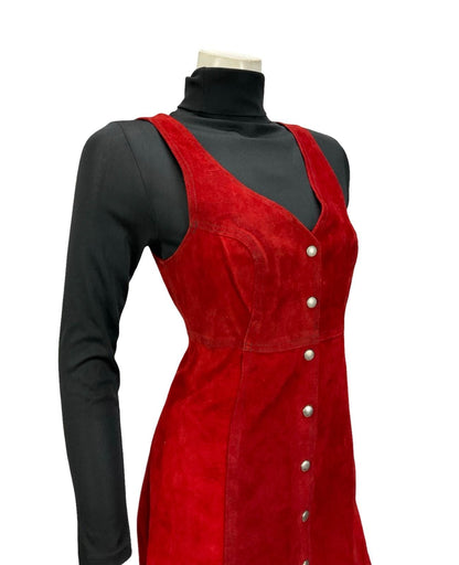 VINTAGE 60S 70S RED SUEDE HIPPY MOD BOHO EMPIRE MINI DRESS 8 10 S