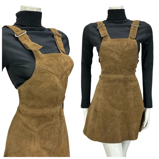 VTG 60S 70S BROWN SUEDE HIPPY BOHO WESTERN A LINE MINI PINAFORE DRESS XS 6