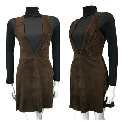 VTG 60S 70S DARK BROWN SUEDE PLUNGE HIPPY BOHO BUTTERFLY PINAFORE DRESS 6 8