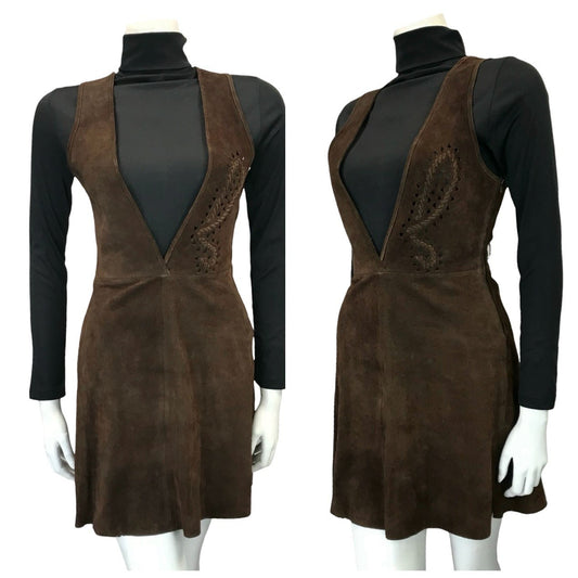 VTG 60S 70S DARK BROWN SUEDE PLUNGE HIPPY BOHO BUTTERFLY PINAFORE DRESS 6 8