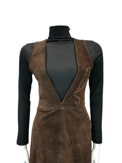 VTG 60S 70S DARK BROWN SUEDE PLUNGE HIPPY BOHO BUTTERFLY PINAFORE DRESS 6 8