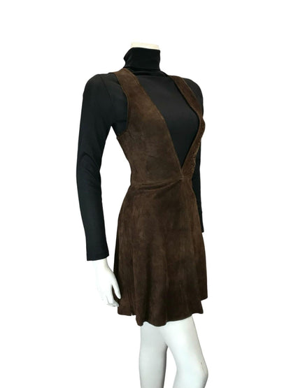 VTG 60S 70S DARK BROWN SUEDE PLUNGE HIPPY BOHO BUTTERFLY PINAFORE DRESS 6 8