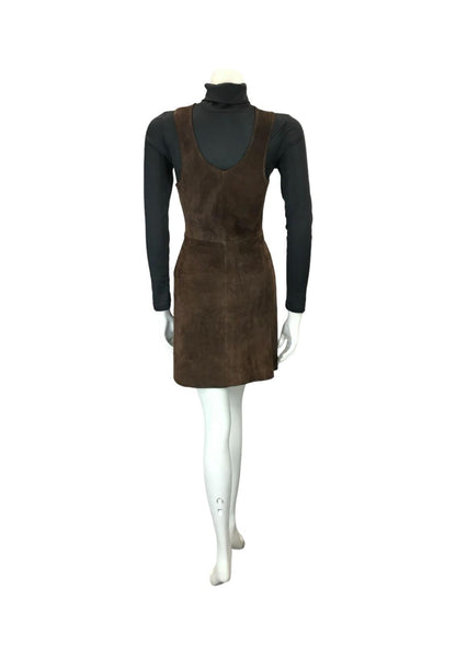 VTG 60S 70S DARK BROWN SUEDE PLUNGE HIPPY BOHO BUTTERFLY PINAFORE DRESS 6 8