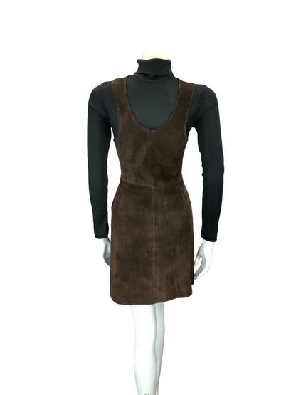 VTG 60S 70S DARK BROWN SUEDE PLUNGE HIPPY BOHO BUTTERFLY PINAFORE DRESS 6 8