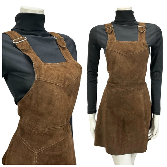 VTG 60S 70S DARK BROWN SUEDE HIPPY BOHO PINAFORE MINI DRESS 10