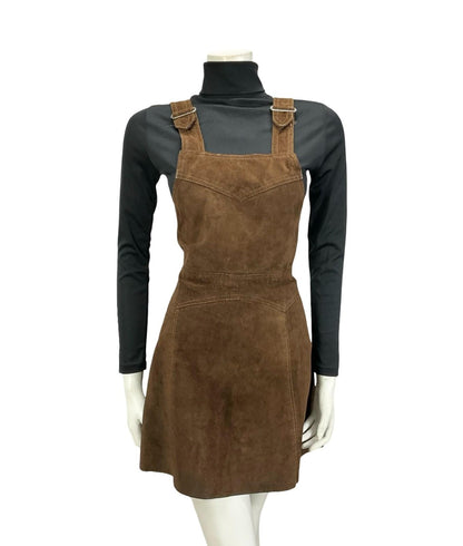 VTG 60S 70S DARK BROWN SUEDE HIPPY BOHO PINAFORE MINI DRESS 10