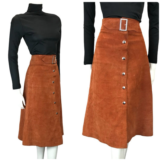 VTG 60S 70S RUSTY BROWN SUEDE HIPPY BOHO SILVER BUCKLE MIDI SKIRT 12