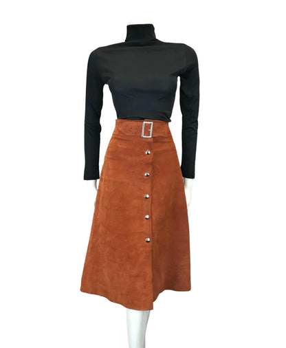 VTG 60S 70S RUSTY BROWN SUEDE HIPPY BOHO SILVER BUCKLE MIDI SKIRT 12