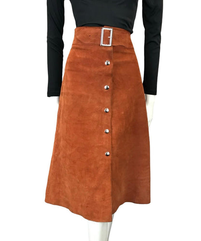 VTG 60S 70S RUSTY BROWN SUEDE HIPPY BOHO SILVER BUCKLE MIDI SKIRT 12