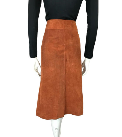 VTG 60S 70S RUSTY BROWN SUEDE HIPPY BOHO SILVER BUCKLE MIDI SKIRT 12