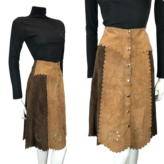 VTG 60S 70S BROWN TAN SUEDE TWO TONE SCALLOPED HIPPY BOHO MIDI SKIRT 6 XS