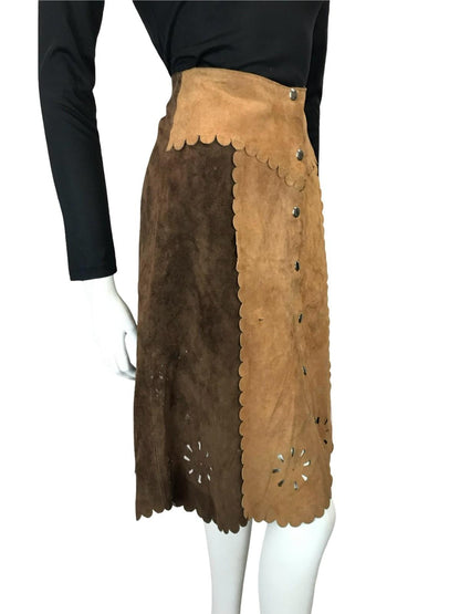 VTG 60S 70S BROWN TAN SUEDE TWO TONE SCALLOPED HIPPY BOHO MIDI SKIRT 6 XS