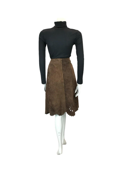 VTG 60S 70S BROWN TAN SUEDE TWO TONE SCALLOPED HIPPY BOHO MIDI SKIRT 6 XS