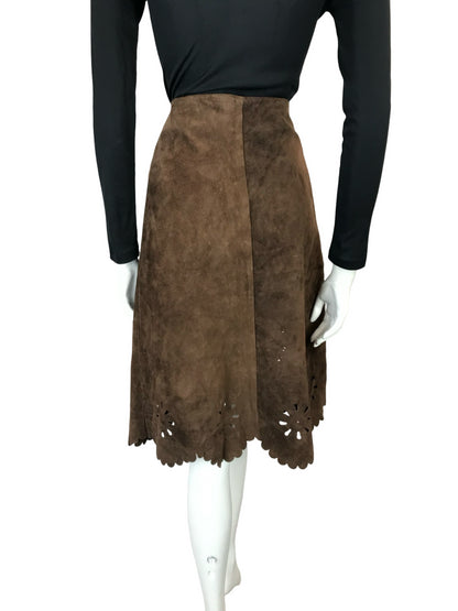 VTG 60S 70S BROWN TAN SUEDE TWO TONE SCALLOPED HIPPY BOHO MIDI SKIRT 6 XS