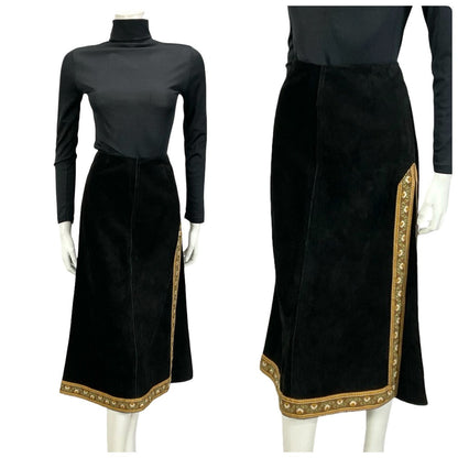 VTG 60S 70S BLACK SUEDE BROWN FOLK HIPPY BOHO FLORAL SIDE SLIT MIDI SKIRT XS 6