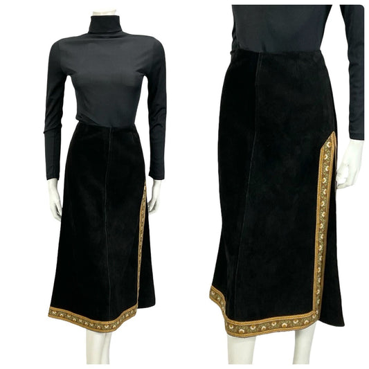 VTG 60S 70S BLACK SUEDE BROWN FOLK HIPPY BOHO FLORAL SIDE SLIT MIDI SKIRT XS 6