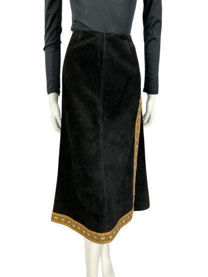 VTG 60S 70S BLACK SUEDE BROWN FOLK HIPPY BOHO FLORAL SIDE SLIT MIDI SKIRT XS 6
